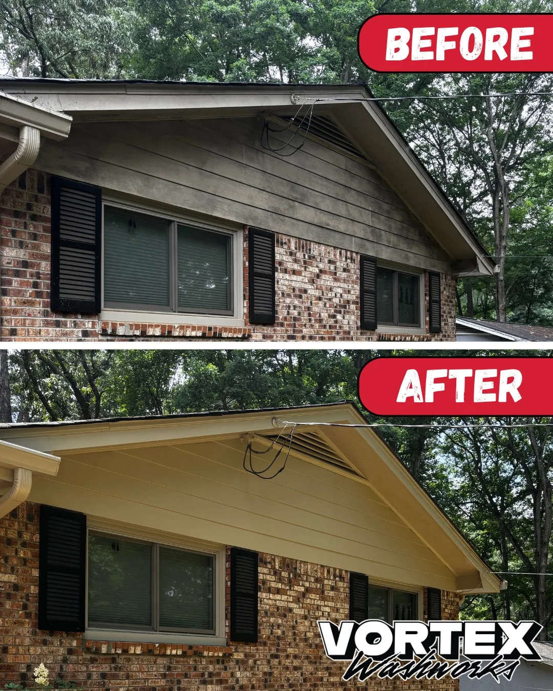 Wood siding and soffit cleaning before and after in Decatur, GA